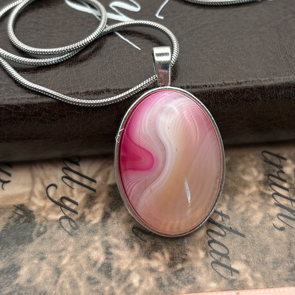Pink Banded Agate Statement Necklace 20” Handmade Natural Stone